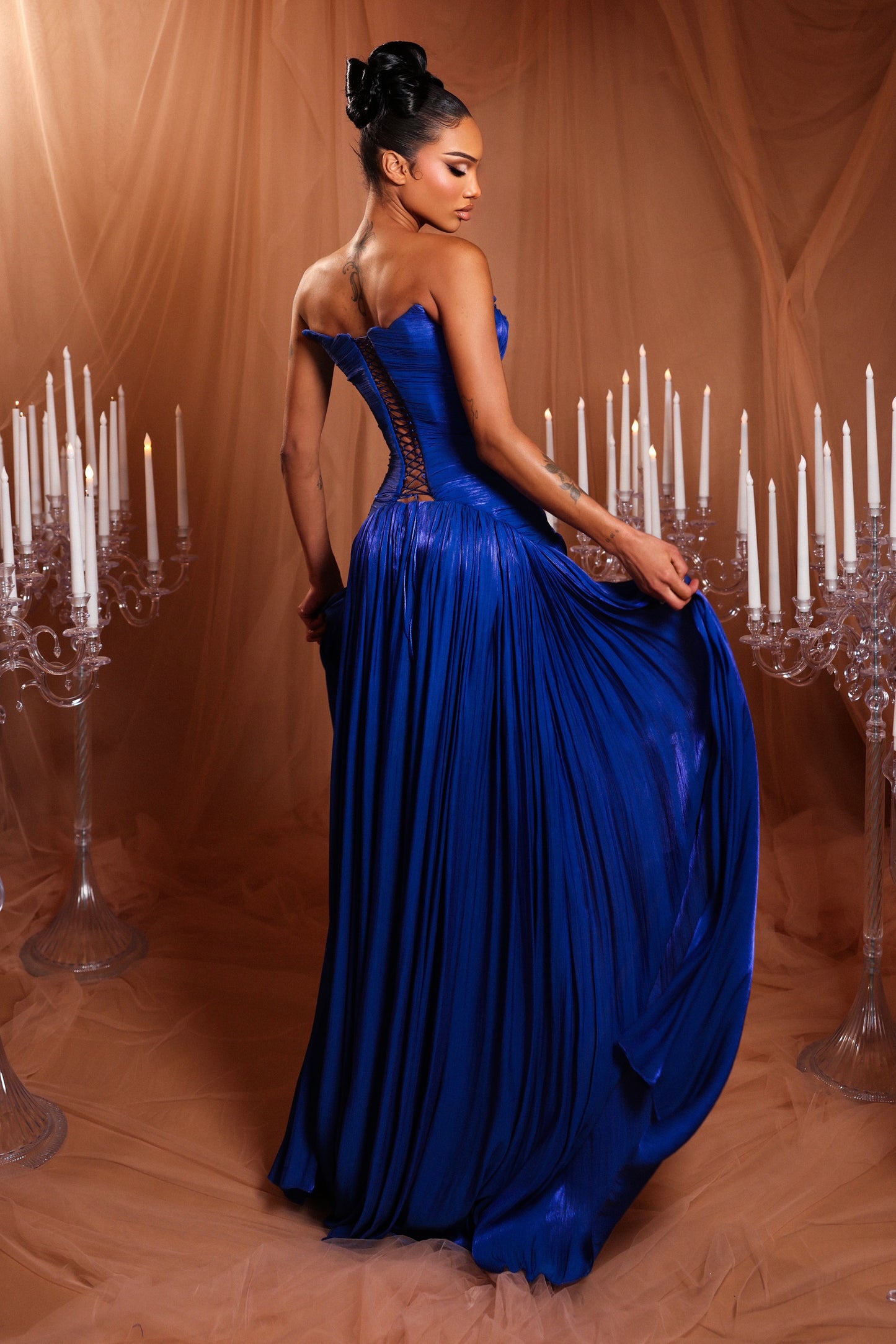 Draped Strapless Royal Blue Gown