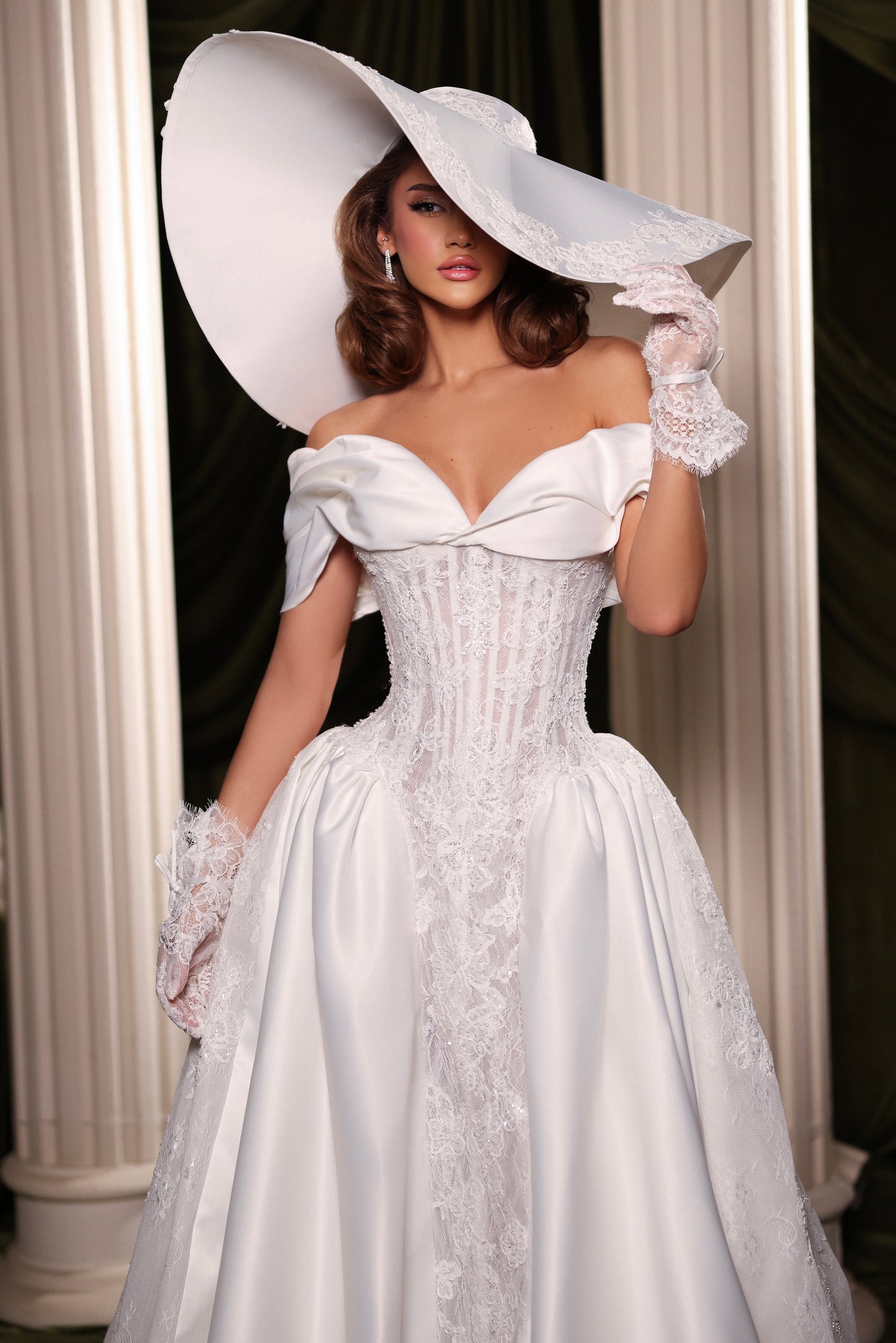 Off-Shoulder Satin & Lace Corset Ball Gown