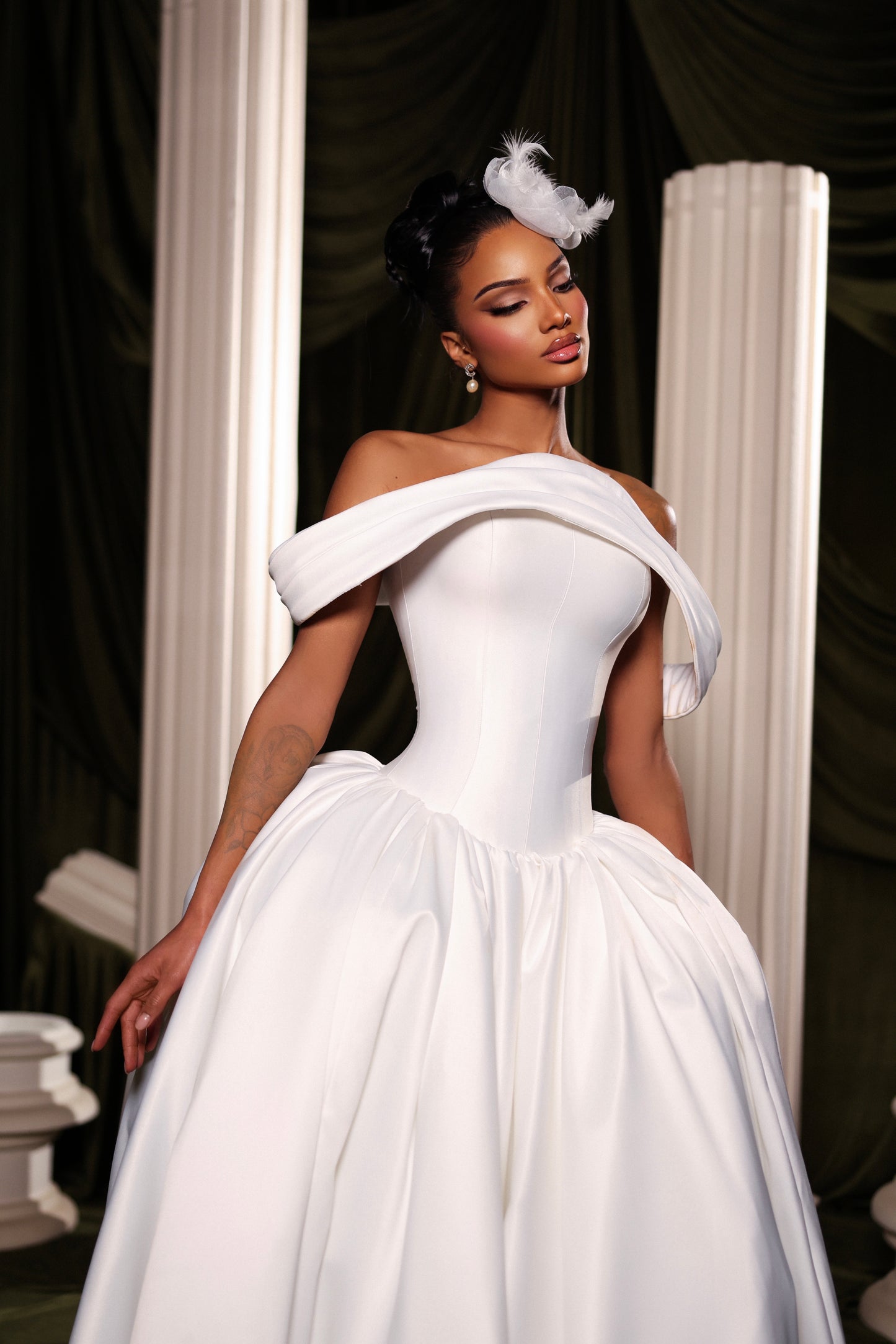 Oval Off-Shoulder Satin Ball Gown