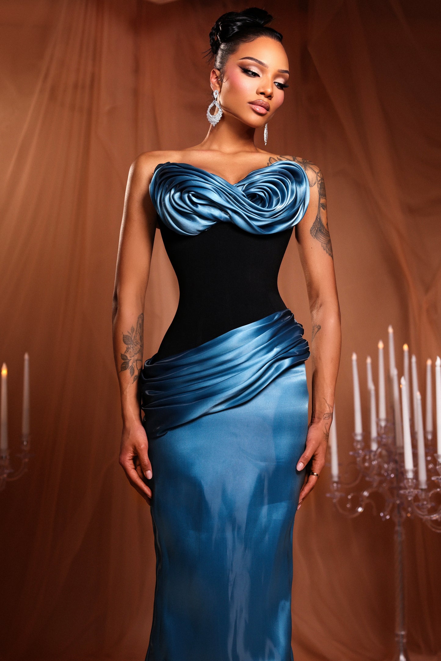 Blue-Black Silk Draped Dress
