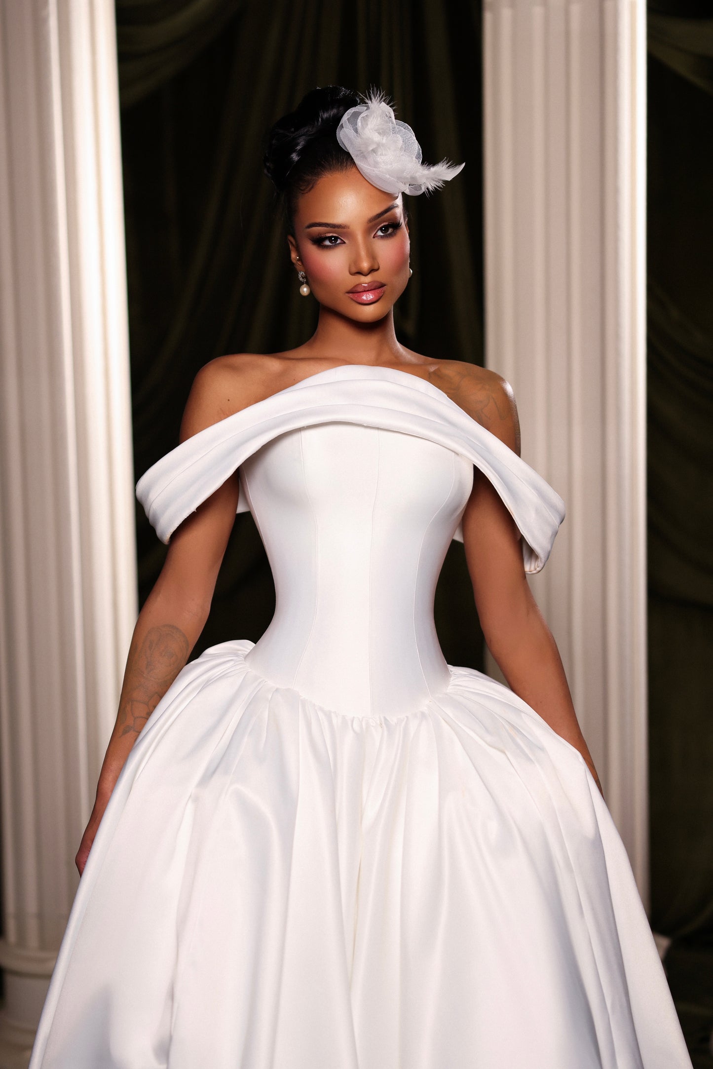 Oval Off-Shoulder Satin Ball Gown