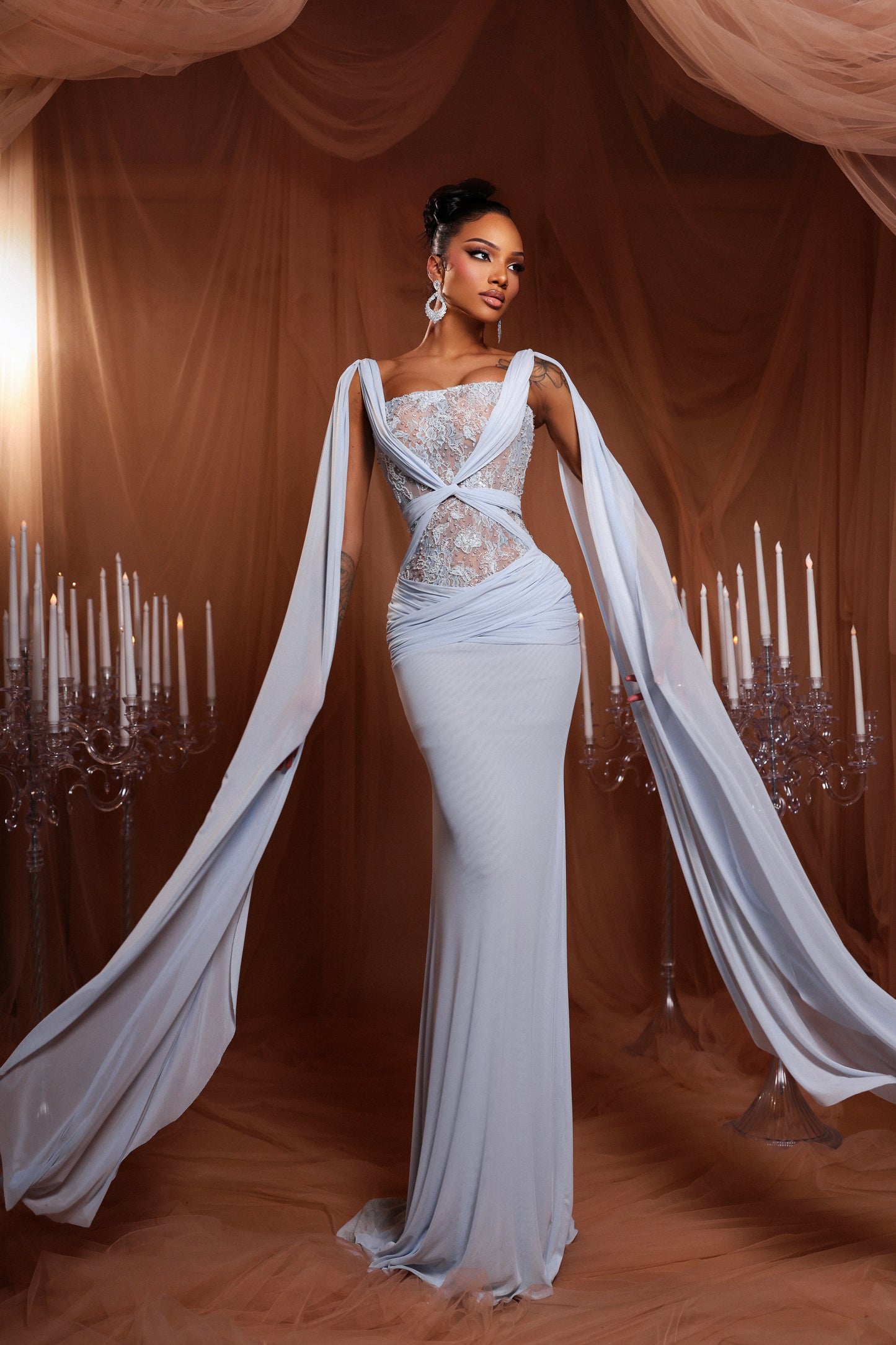 Baby Blue Draped Cape Dress
