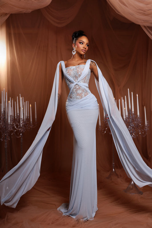 Baby Blue Draped Cape Dress