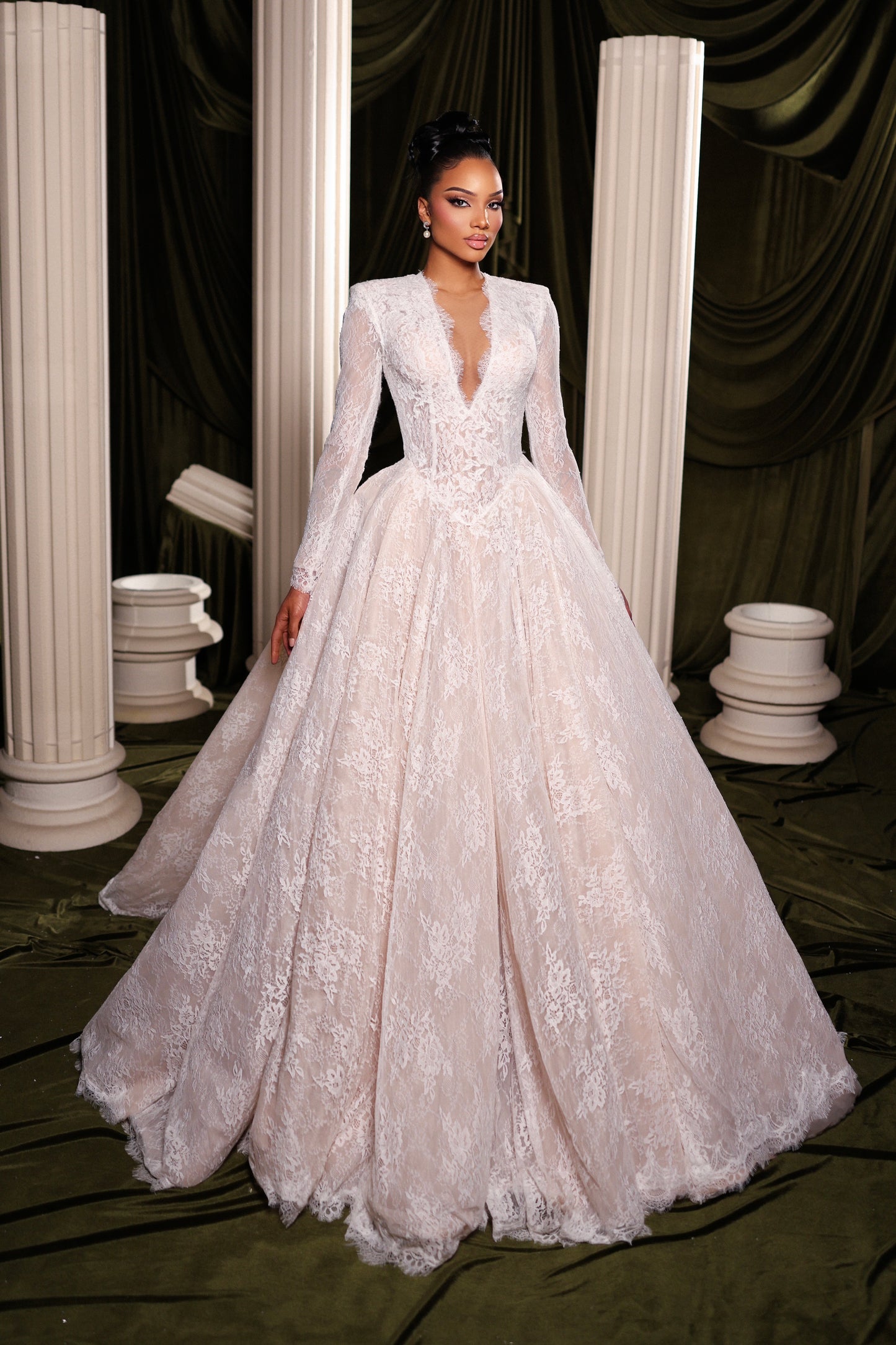 Plunge Neck Royal Lace Ball Gown