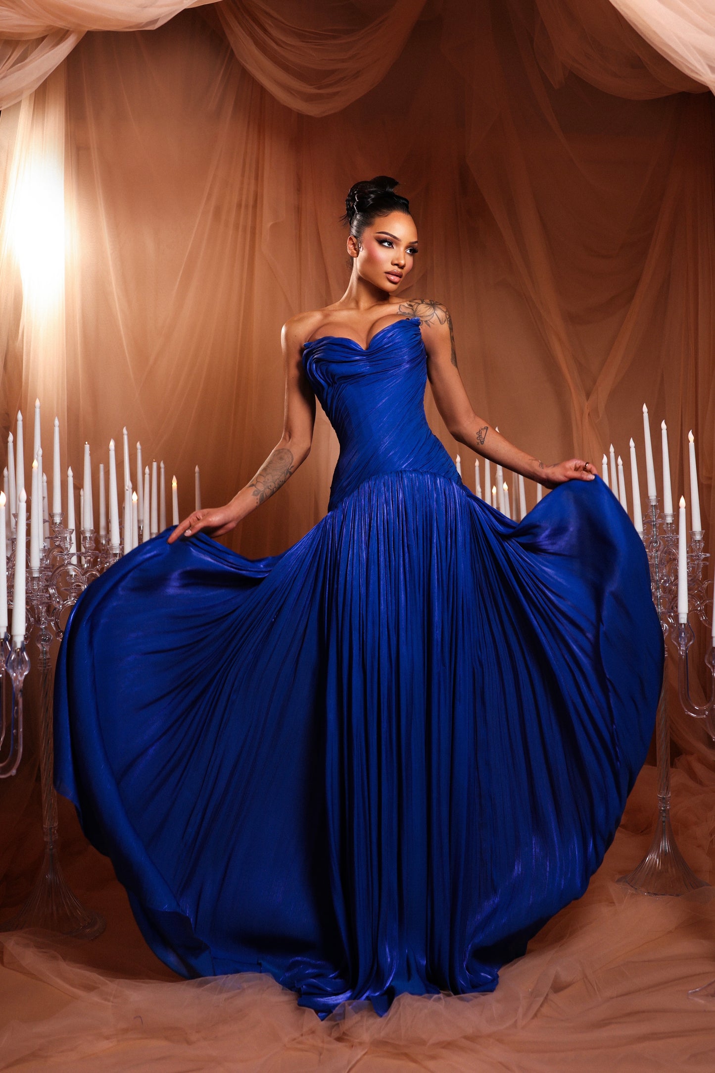 Draped Strapless Royal Blue Gown