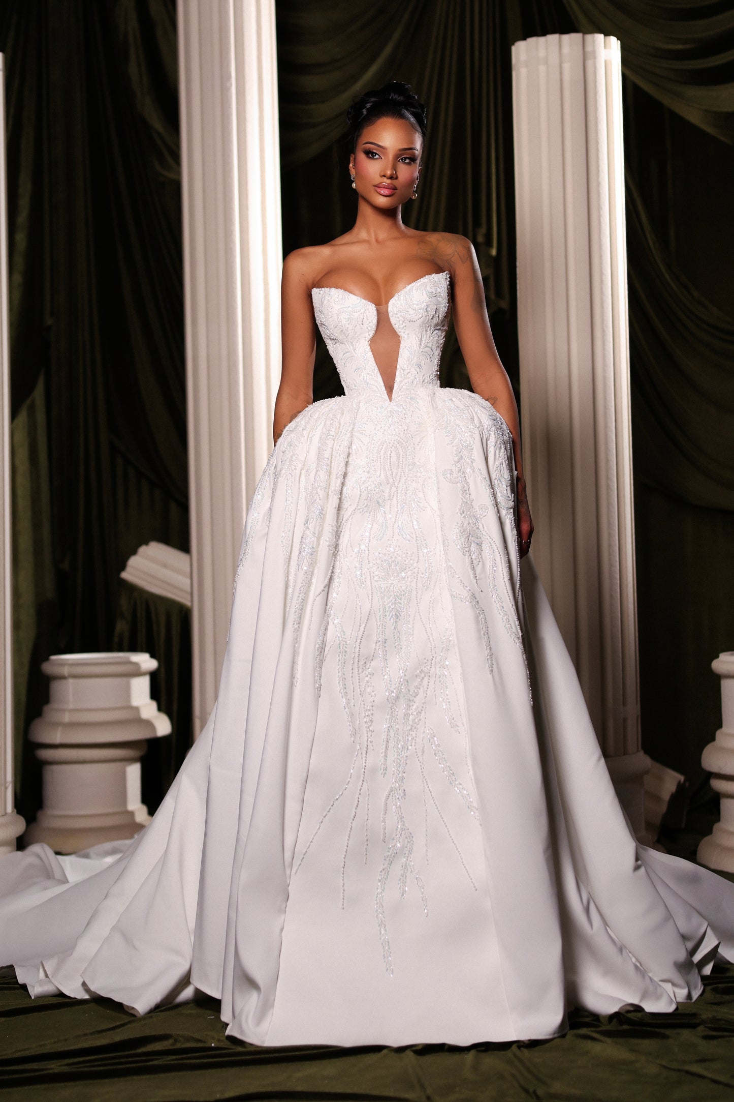 Plunge Neckline Strapless Satin Dress