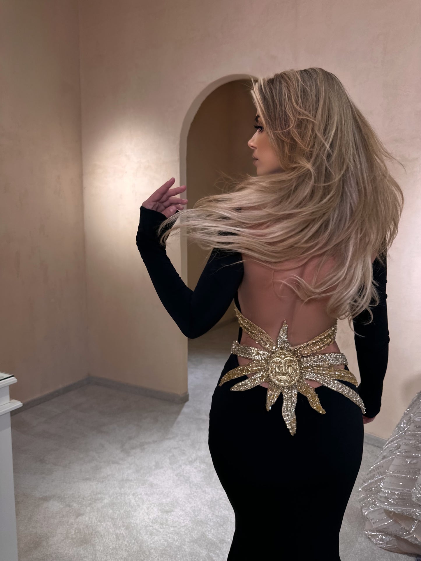 Midnight Sun Embroidered Backless Dress