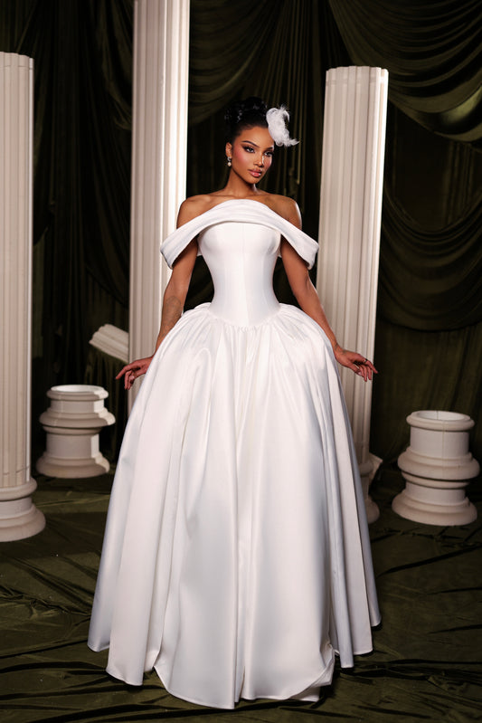 Oval Off-Shoulder Satin Ball Gown