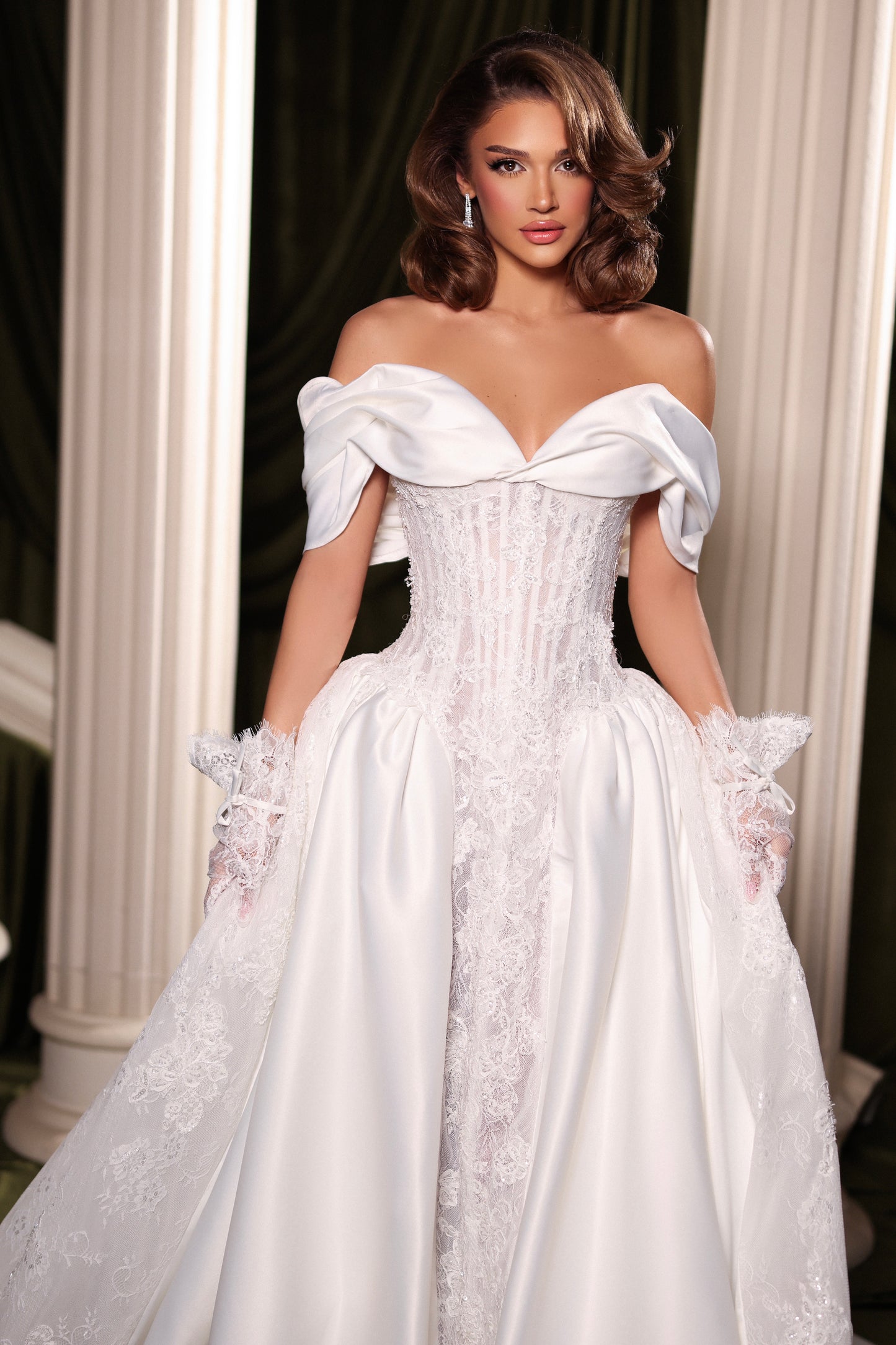 Off-Shoulder Satin & Lace Corset Ball Gown