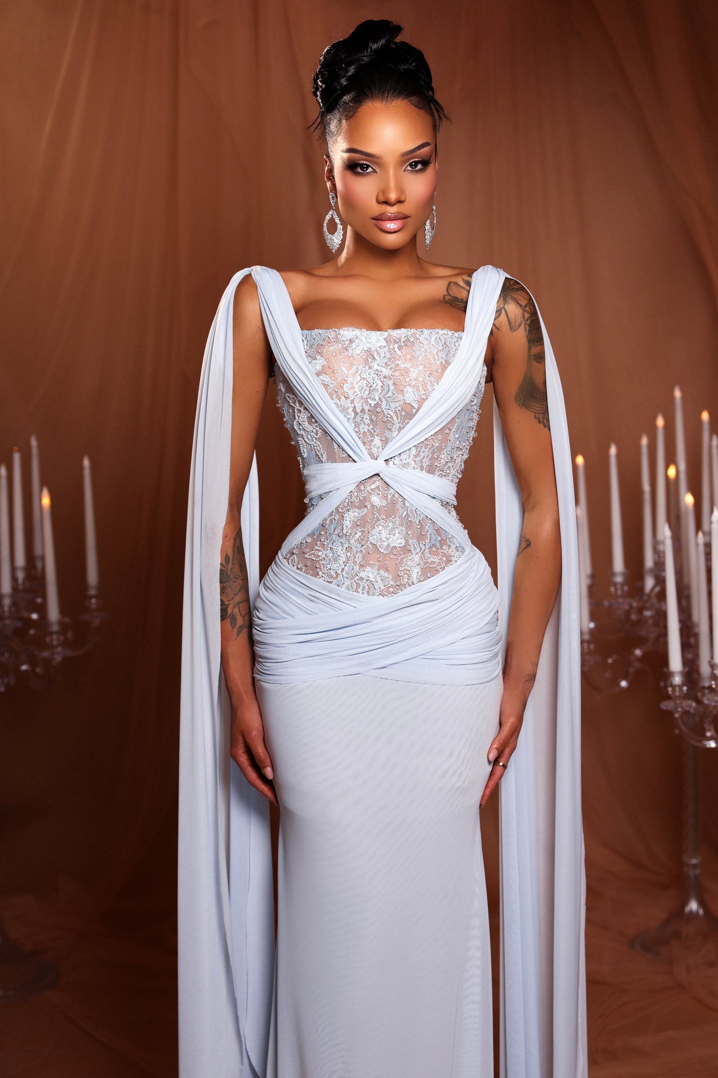 Baby Blue Draped Cape Dress