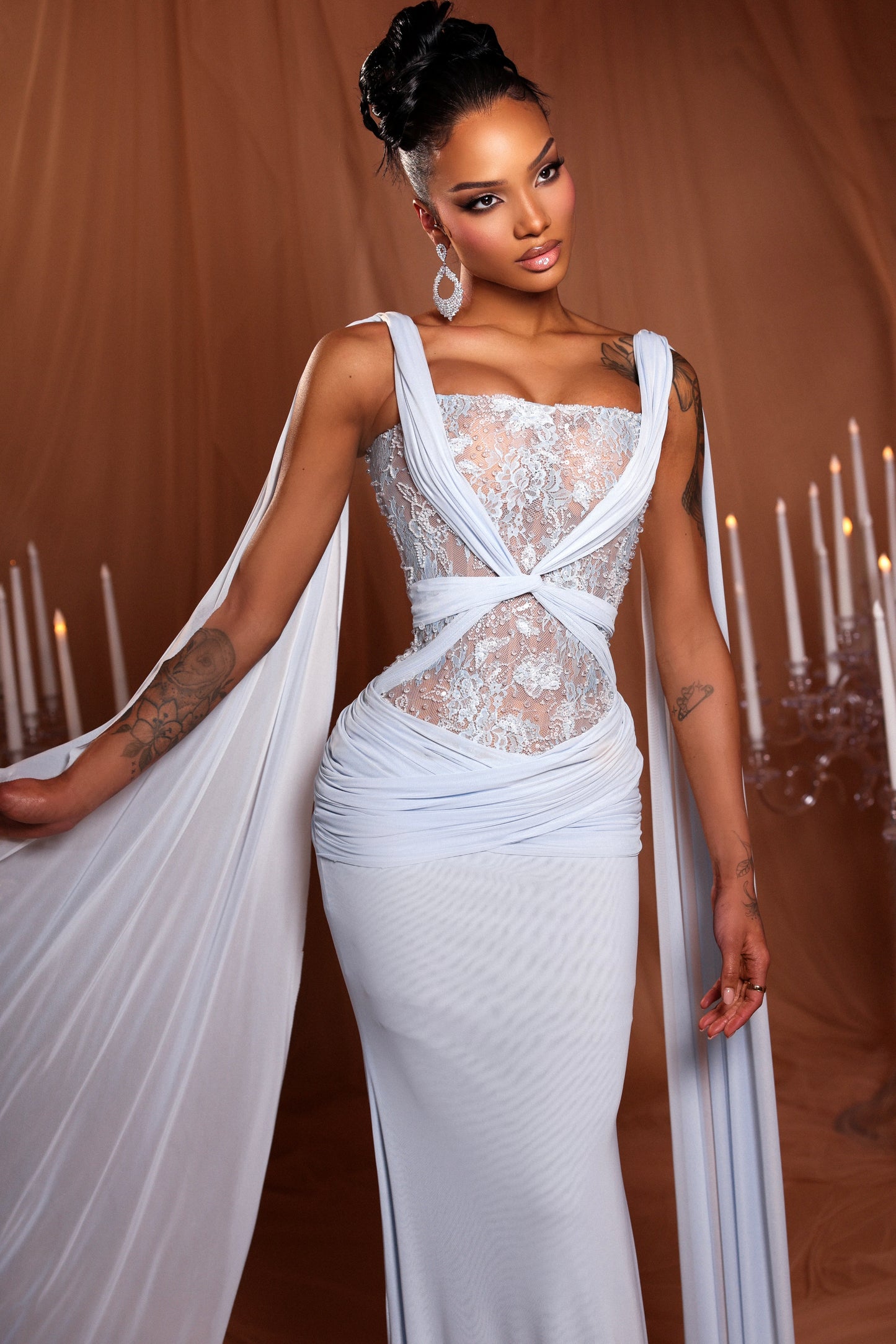 Baby Blue Draped Cape Dress