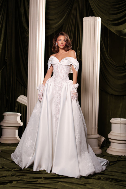 Off-Shoulder Satin & Lace Corset Ball Gown