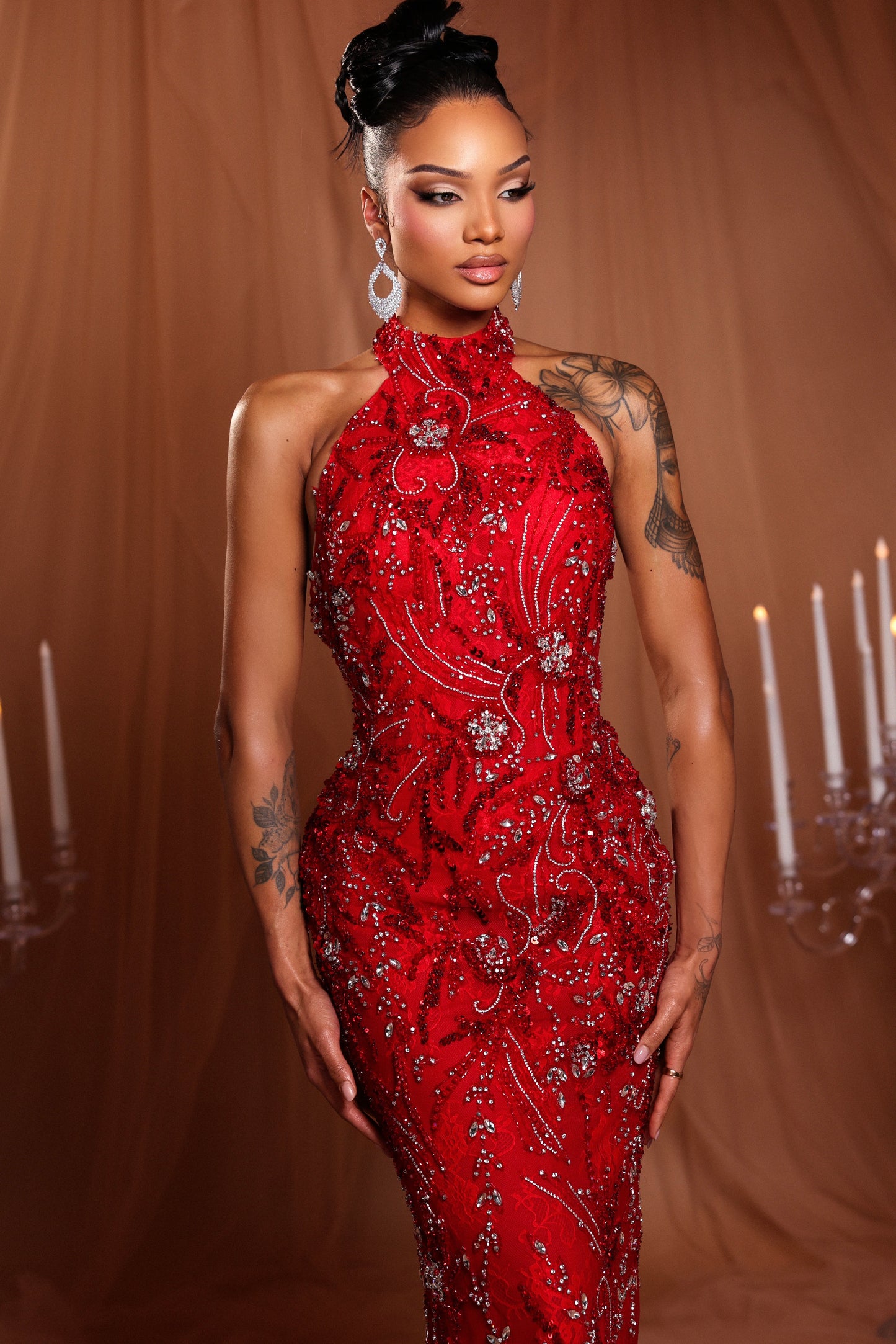 High Neck Red Embelished Dress with Open Back